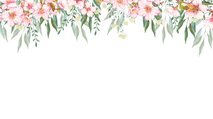 Frame with watercolor illustrations of various herbs and flowers. Frame with hand-drawn green branches of herbs and flowers. Perfect for weddings, birthdays, seasonal holidays.