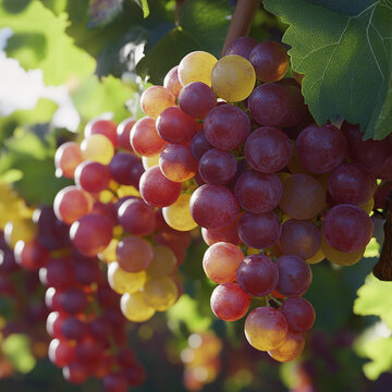 Clusters of ripe grapes hanging on vines in a sunlit vineyard during harvest season