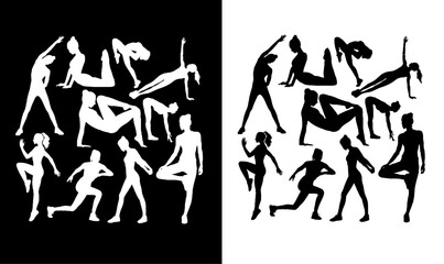 women doing workout silhouette illustration vector, fitness, workouts women silhouette illustration vector, design, gym, gym women silhouettes, body, , silhouettes, yoga, outline, 