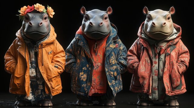 Hippos showcasing vibrant fashion in a whimsical outdoor setting, bringing joy and creativity to everyday wear for all creatures great and small