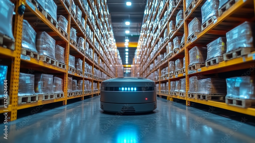 Aufkleber A robotic unit moves carefully along the aisle of a spacious warehouse, surrounded by neatly stacked pallets containing various goods ready for distribution.