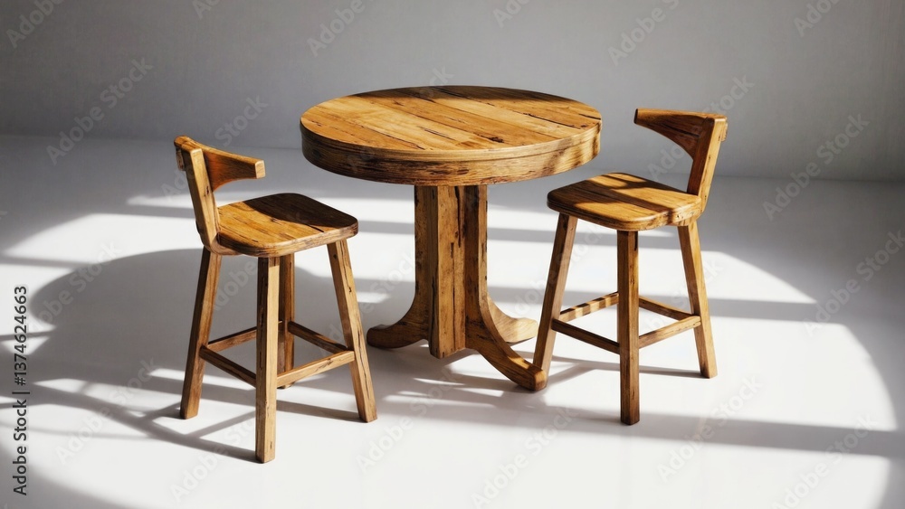Poster a simple setting with a wooden table and two stools, ideal for coffee breaks or small gatherings
