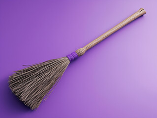 Broomstick with straw bristles on a purple background, 3D render