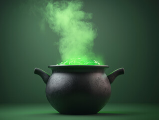Black cauldron emitting green smoke on dark backdrop, 3D render