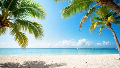Tropical beach with palm trees under a clear blue sky  