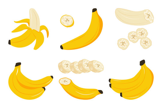 Banana set. Cartoon ripe bananas, bunch of yellow sweet exotic tropical fruit, minimal abstract organic banana elements, healthy sweet food nutrition products. Vector isolated collection