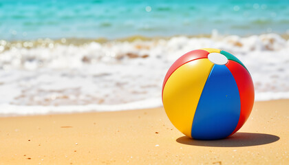 Colorful beach ball resting on sandy shore by the ocean  