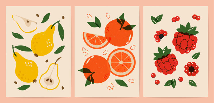 Naklejki Abstract fruit posters. Modern minimalistic fruits art prints, organic food banners with hand drawn orange, pear raspberry fruits and berries. Vector contemporary set