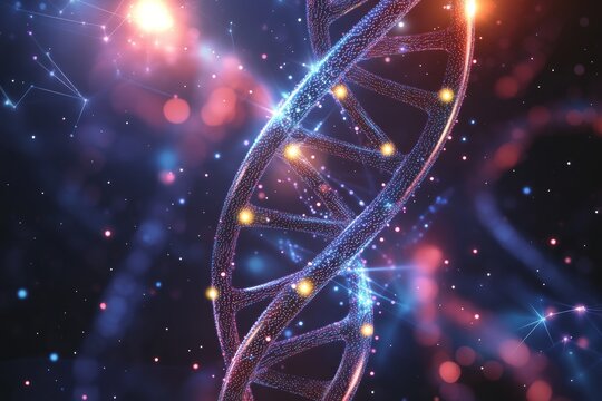 A digital DNA molecule, made from binary code and pixels, is the central element in a concept that highlights innovation, science, and genetics, set on a dark abstract background with available space