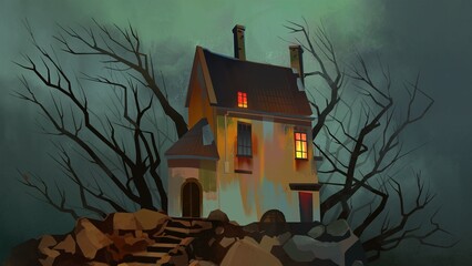 an old house with trees swaying in the wind in inclement weather.