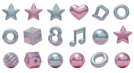 Glossy Pink & Blue Geometric Star Heart Music Note Elements highlights the prominent colors and specific identifiable shape crucial for search