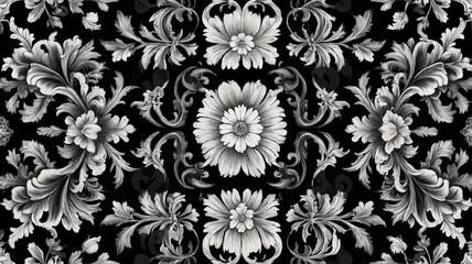 Fototapeta premium Intricate black and white floral pattern featuring delicate blossoms and swirling leaves, creating an elegant backdrop.