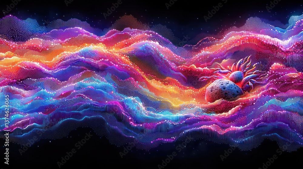 Poster cosmic nebula: a vibrant abstract artwork depicting celestial bodies and ethereal landscapes. the im
