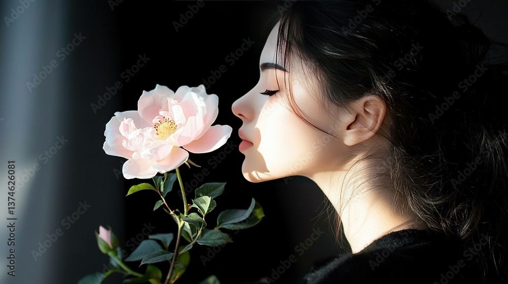 Poster a person with a flower in front of her face and a window in the background