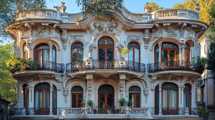 Fototapeta premium Art Nouveau Architecture - Flowing and organic images of Art Nouveau architecture, featuring curved lines, intricate details, and nature-inspired designs in historical buildings.