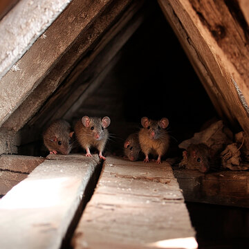 Group of curious mice in old attic with wooden beams and dramatic lighting