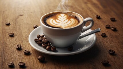 Fototapeta premium A close-up of a steaming cup of latte art on a wooden table, surrounded by coffee beans.