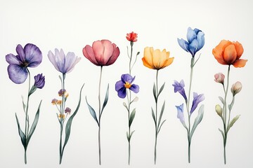 Colorful watercolor flowers standing tall on white background