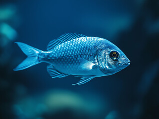Naklejka premium Single blue fish on a dark gradient background, 3D render
