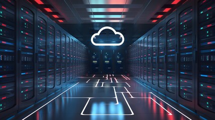 Cloud Computing in the Digital Age: A futuristic data center is illuminated, with server racks lining the sides and a glowing cloud symbol in the center, showcasing technological prowess.