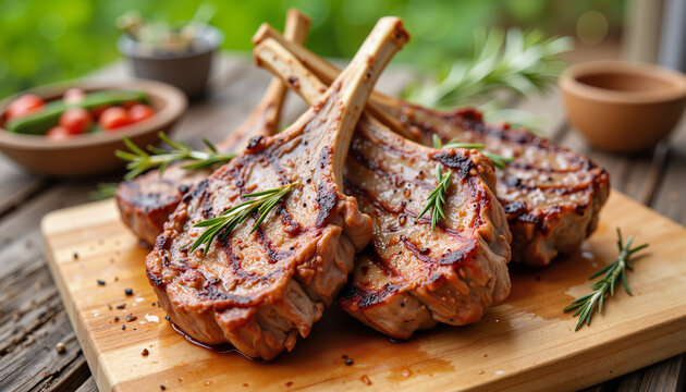 Grilled lamb chops with rosemary on a wooden cutting board  