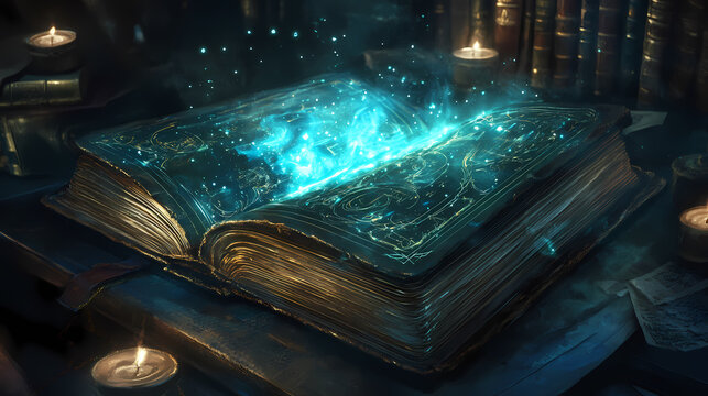 Forgotten folios and luminous symbols delve into the untold mysteries of the wizards library with ornately decorated spellbooks swirling motes of arcane energy. Arcane Talisman. Illustration