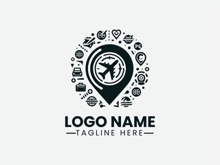 Airplane Icon Location Pin Travel Agency Logo Design, Travel Logo Airplane Location Pin Icon, Location Pin Airplane Flight Logo