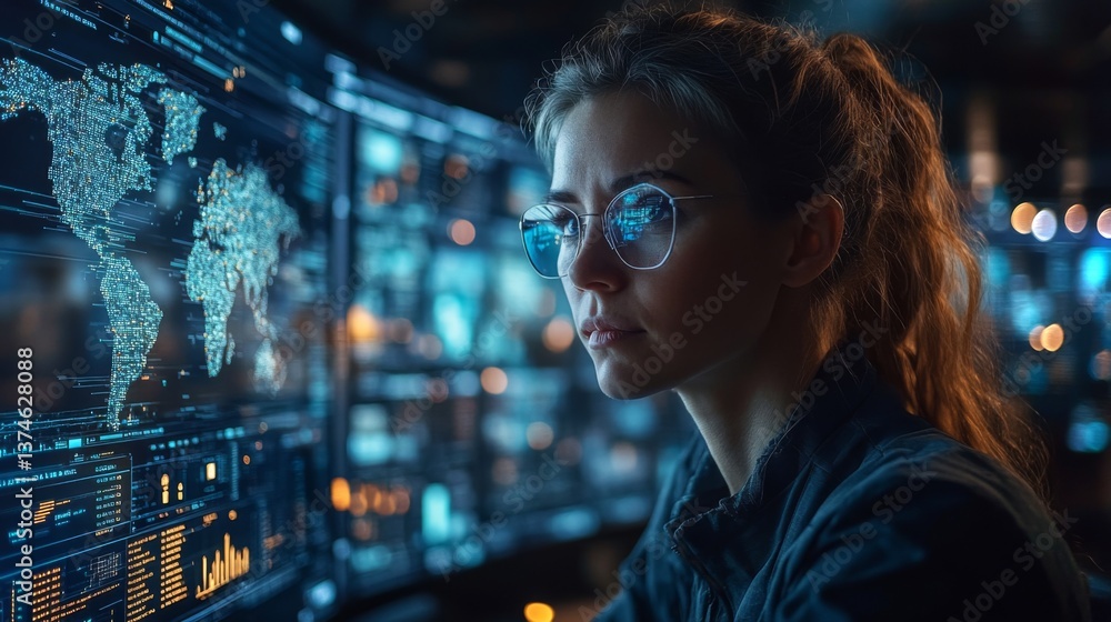 Poster A logistics professional focuses intently on multiple digital screens displaying inventory data, maps, and analytics in a high tech distribution center during evening hours.