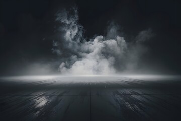 Atmospheric Vapor: The image showcases a swirling mist of vapor, its ethereal tendrils dancing in a dark, moody setting, and the reflective floor adds to the atmospheric quality. 