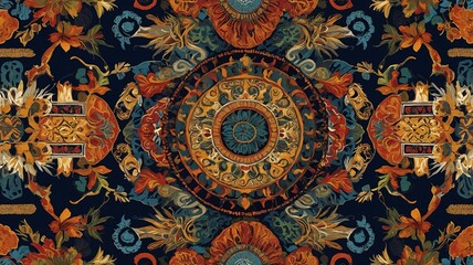 Ornate floral pattern featuring rich colors and intricate designs, perfect for textiles or home decor.