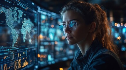 A logistics professional focuses intently on multiple digital screens displaying inventory data, maps, and analytics in a high tech distribution center during evening hours.