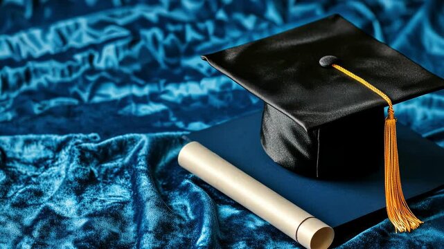 A graduation cap and a rolled diploma are elegantly placed on luxurious blue fabric, symbolizing achievement and success. The scene captures the essence of a graduation celebration.