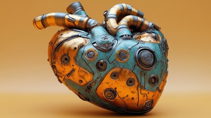 Fusion of organic and synthetic elements depicts a human heart intertwined with robotic parts in vibrant green against a striking golden background
