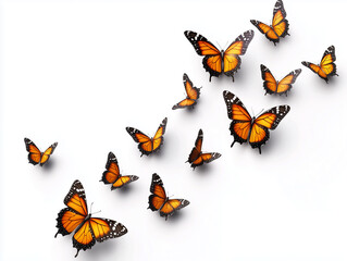 Vibrant monarch butterflies gathered in flight on white background, photo