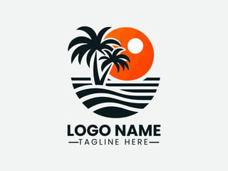 Palm Tree Orange Sun Tropical Beach Vector Logo Design, Tropical Beach Palm Tree Sun Logo, Sunset Palm Tree Beach Logo, Paradise Palm Tree Sun Logo