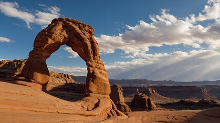 A grand red sandstone arch stands majestically against a dramatic sky, showcasing nature's beauty in a serene desert landscape.