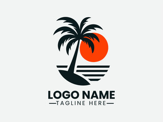 Palm Tree Orange Sun Tropical Beach Vector Logo Design, Tropical Beach Palm Tree Sun Logo, Sunset Palm Tree Beach Logo, Paradise Palm Tree Sun Logo