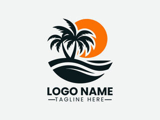 Obraz premium Palm Tree Orange Sun Tropical Beach Vector Logo Design, Tropical Beach Palm Tree Sun Logo, Sunset Palm Tree Beach Logo, Paradise Palm Tree Sun Logo