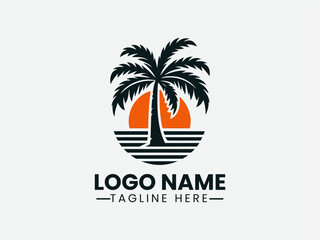 Palm Tree Orange Sun Tropical Beach Vector Logo Design, Tropical Beach Palm Tree Sun Logo, Sunset Palm Tree Beach Logo, Paradise Palm Tree Sun Logo