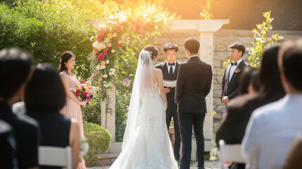 Couple stands before a floral arch during their outdoor wedding ceremony. Sunlight filters through, highlighting the elegant decorations and joyous atmosphere as guests witness the vows