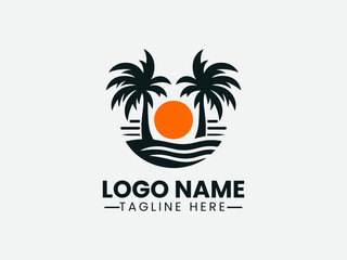 Palm Tree Orange Sun Tropical Beach Vector Logo Design, Tropical Beach Palm Tree Sun Logo, Sunset Palm Tree Beach Logo, Paradise Palm Tree Sun Logo