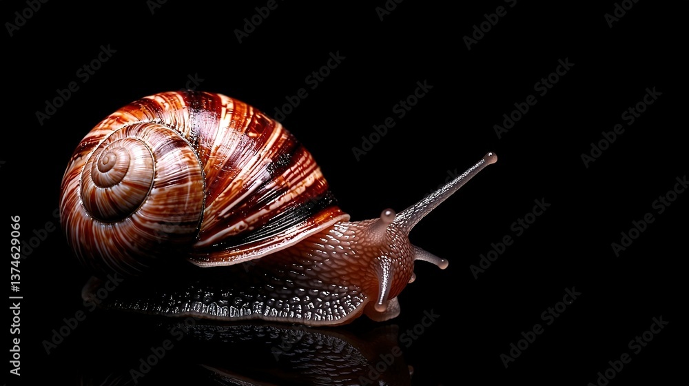 Poster a close-up shot of a snail on a dark background, with its shell reflected on the ground below