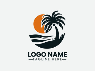 Obraz premium Palm Tree Orange Sun Tropical Beach Vector Logo Design, Tropical Beach Palm Tree Sun Logo, Sunset Palm Tree Beach Logo, Paradise Palm Tree Sun Logo