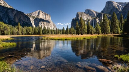 Naklejka premium Majestic granite cliffs reflected in a serene lake, surrounded by lush greenery and vibrant blue skies in a national park.