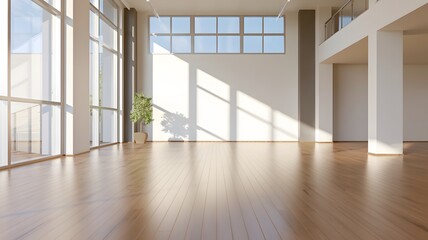 Obraz premium Elegant Space: A minimalist interior showcases a modern aesthetic with expansive windows that flood the space with natural light, complemented by polished wooden floors.