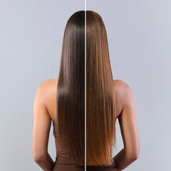 Before and after hair dyeing procedure. Photo of woman on grey background divided into halves, back...