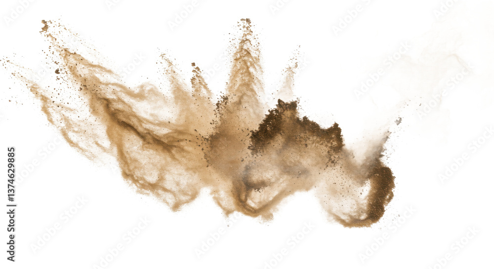 Poster abstract brown explosion of dust particles against a black background in a dynamic composition