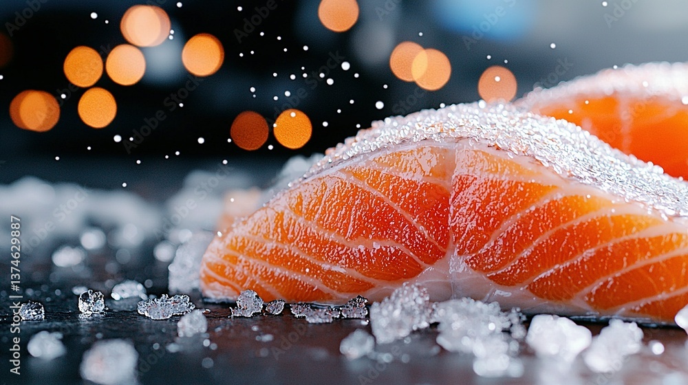 Poster a sharp focus of a fruit on a table with clear water drops and a softly blurred boke of distant ligh
