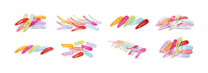 Hair clips in different colors isolated on white, set