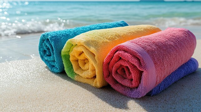 Beach Towels - Colorful beach towels spread on the sand, ideal for beach vacations, summer relaxation, and outdoor leisure designs.